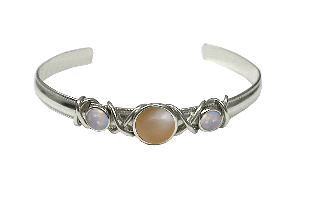 Sterling Silver Hand Made Cuff Bracelet With Peach And Rainbow Moonstones